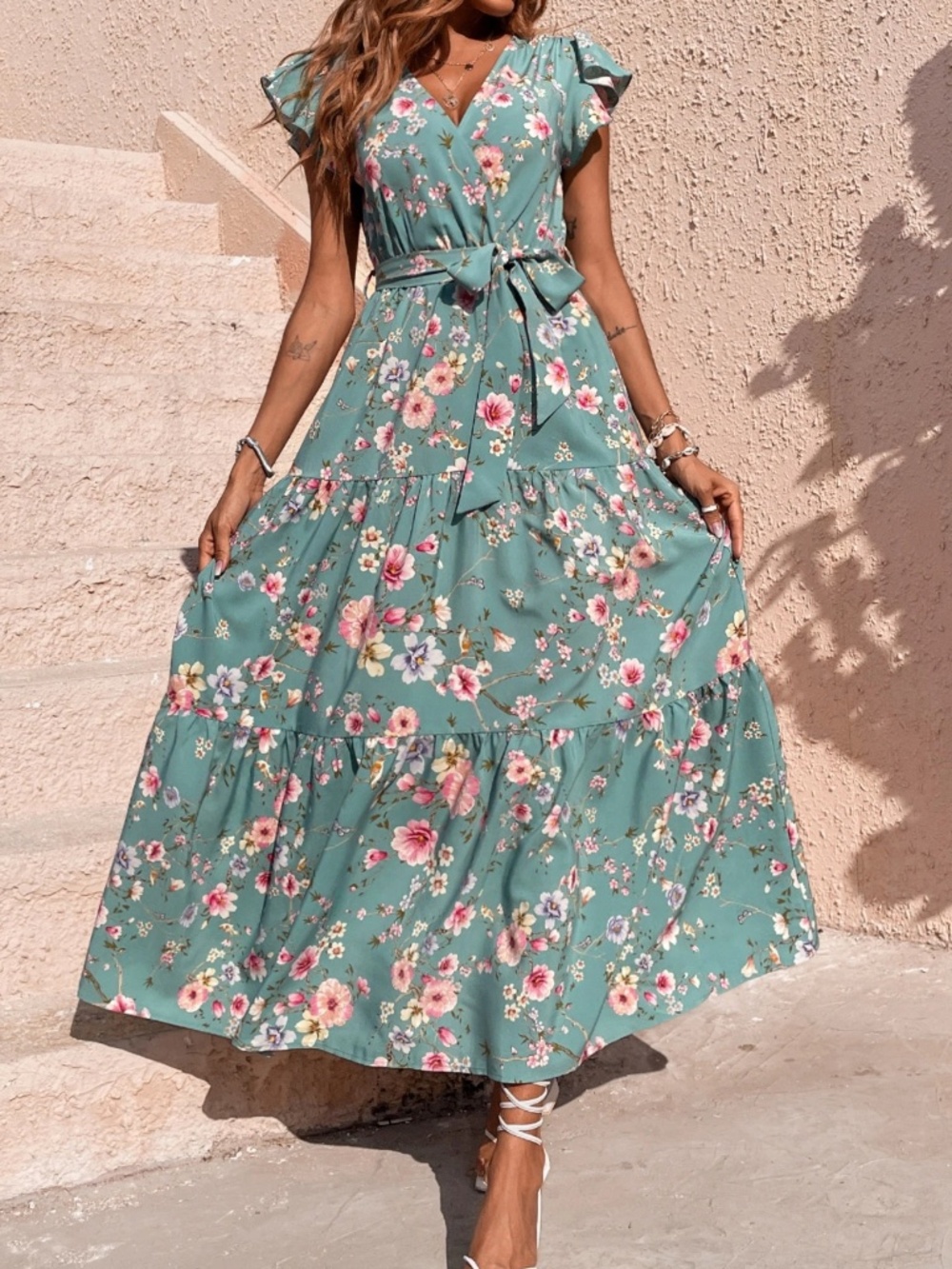 Boho Floral print V neck Ruffle cap sleeve maxi Dress - Picture 2 of 5